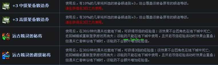 dnf+3中(高)级装备锻造券、远古精灵的(超级)秘药有什么用？